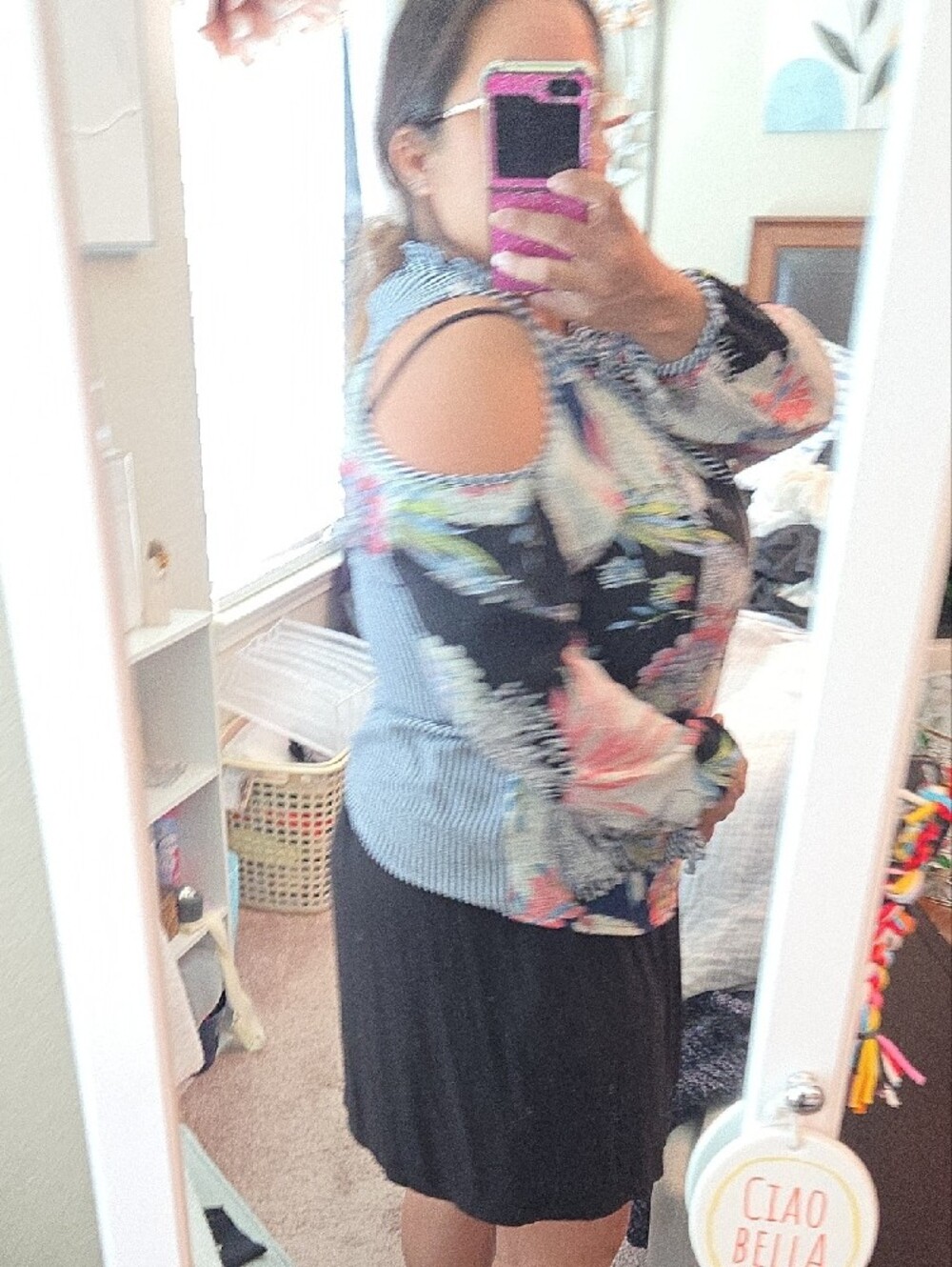 Multi Pattern Cold-Shoulder Tie-Neck Camisole with Ruffle Accents - Picture 7 of 9